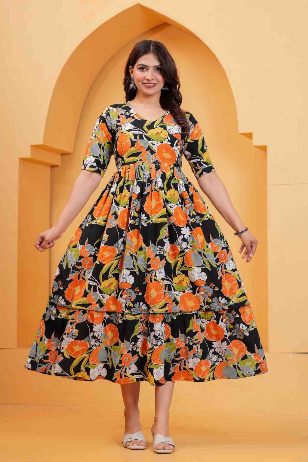 Clothycorp Black and Orange Floral Printed Maternity Maxi Dress for Women