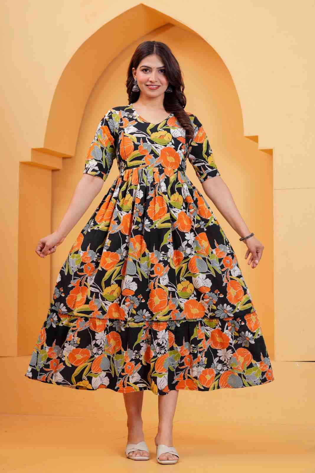 Clothycorp Black and Orange Floral Printed Maternity Maxi Dress for Women