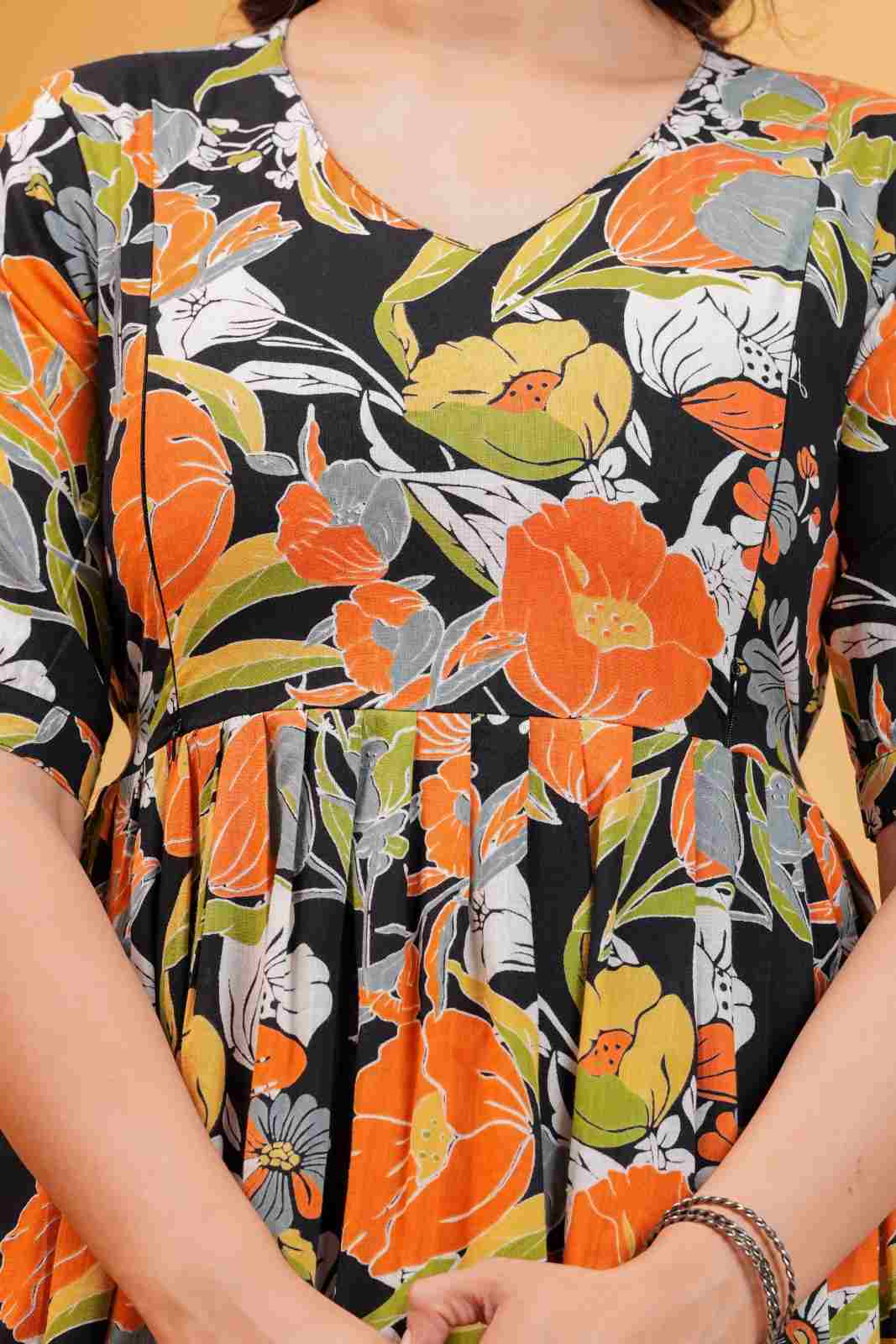 Clothycorp Black and Orange Floral Printed Maternity Maxi Dress for Women
