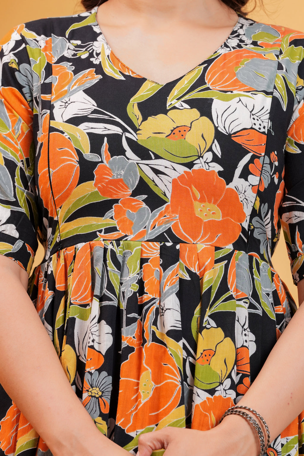 Clothycorp Black and Orange Floral Printed Maternity Maxi Dress for Women