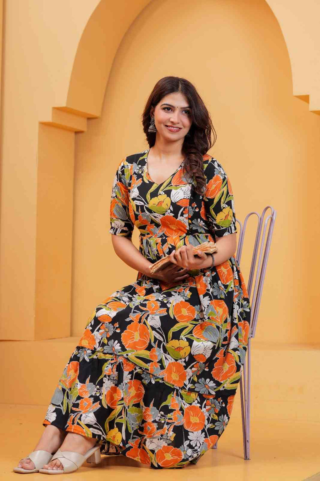 Clothycorp Black and Orange Floral Printed Maternity Maxi Dress for Women