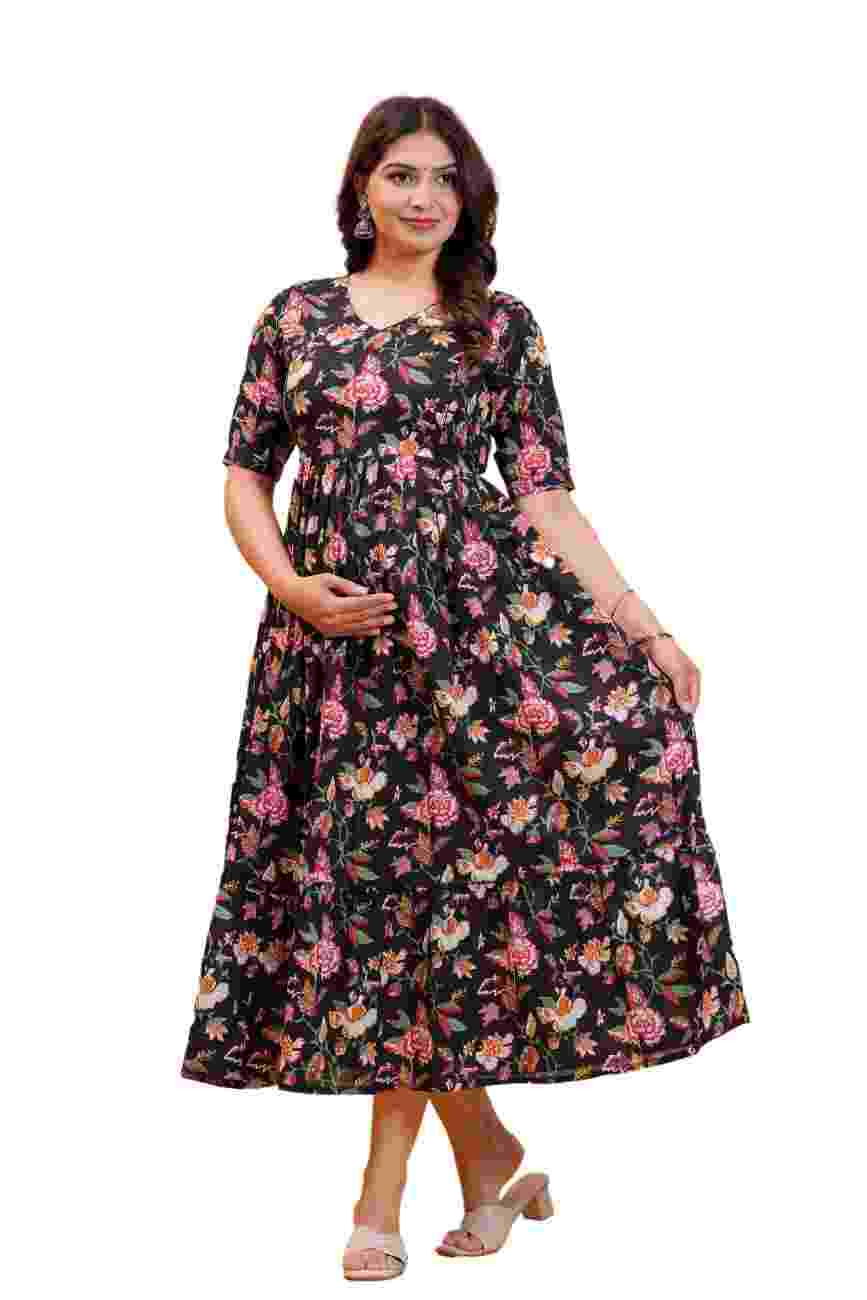 Clothycorp Black Floral Printed Maternity Maxi Dress for Women