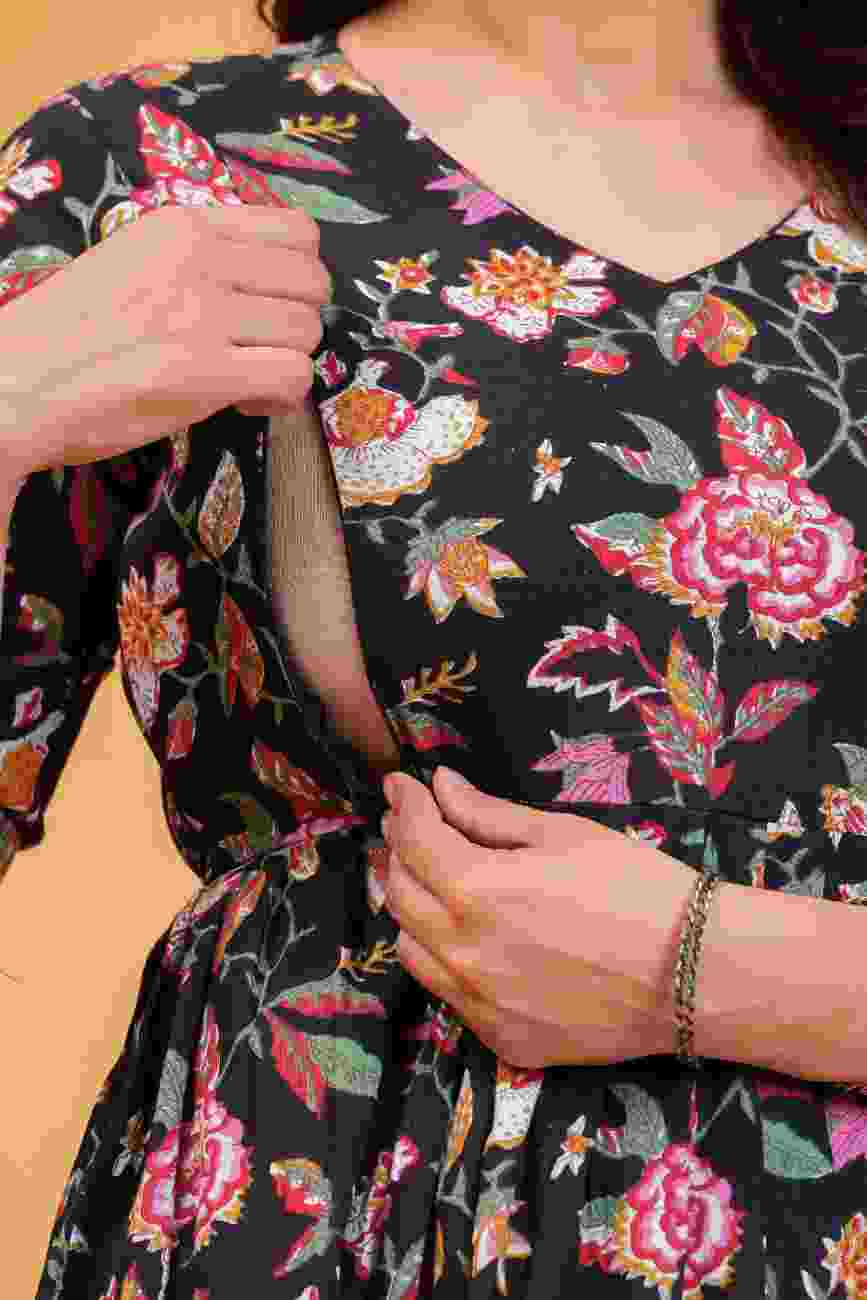 Clothycorp Black Floral Printed Maternity Maxi Dress for Women