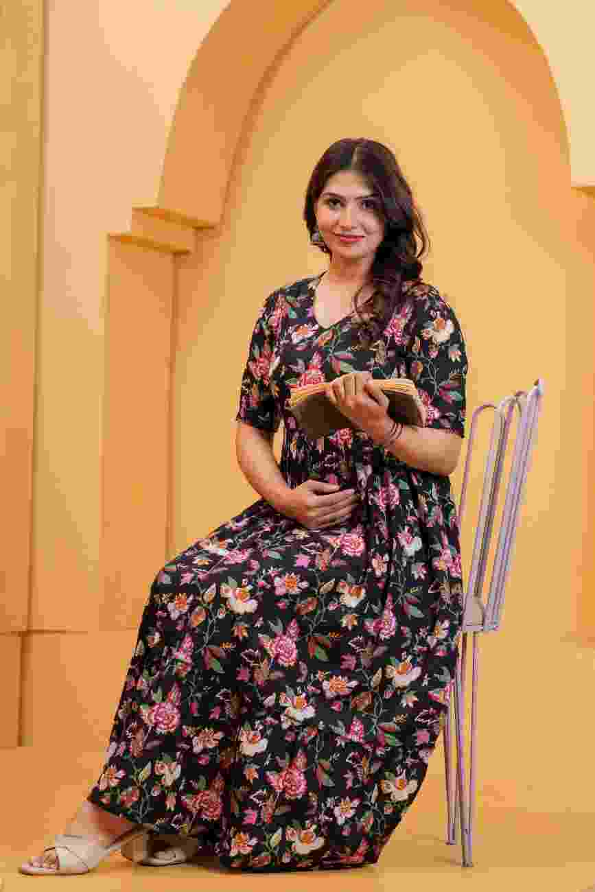 Clothycorp Black Floral Printed Maternity Maxi Dress for Women