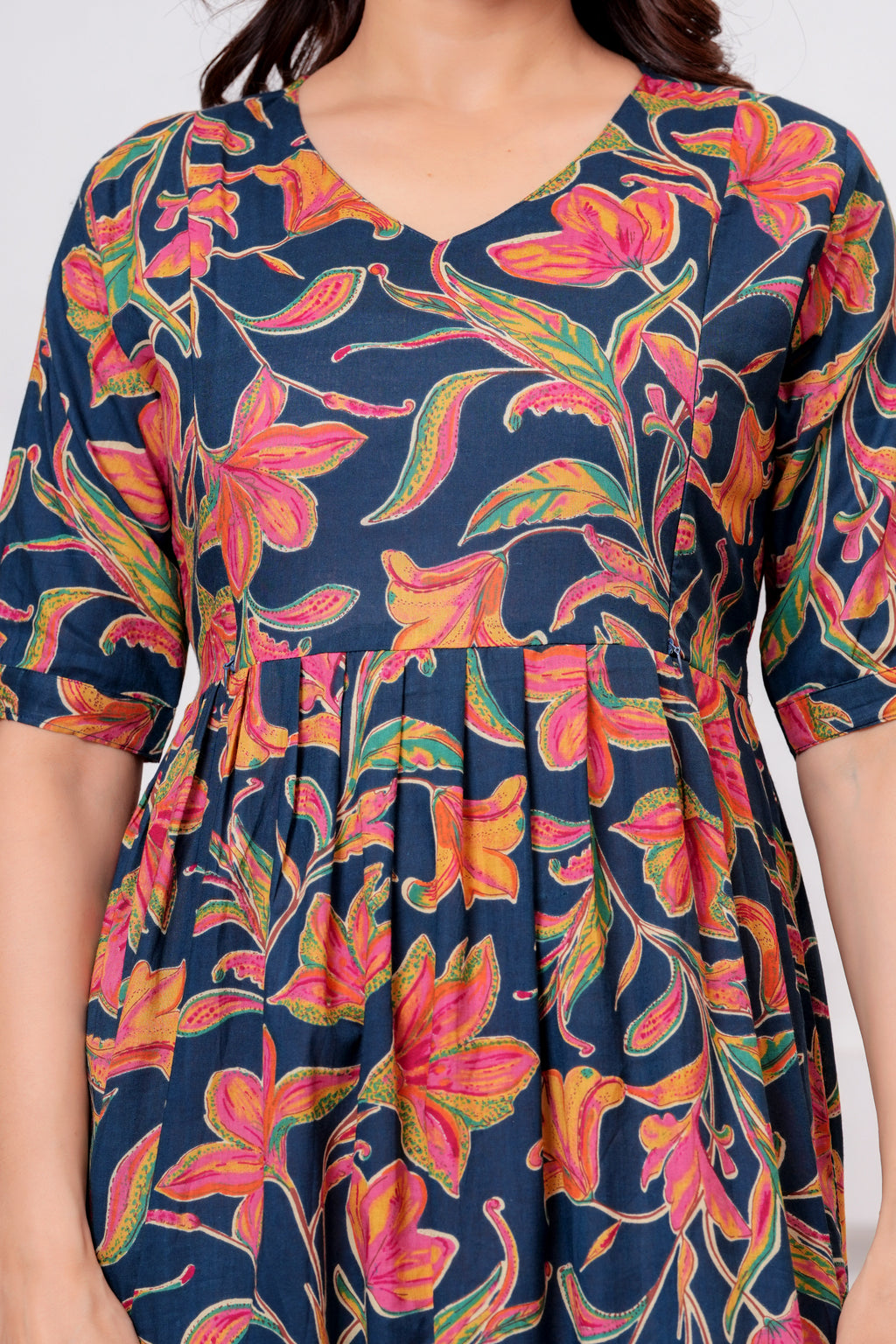 Clothycorp Navy Blue Floral Printed Maternity & Feeding Dress for Women