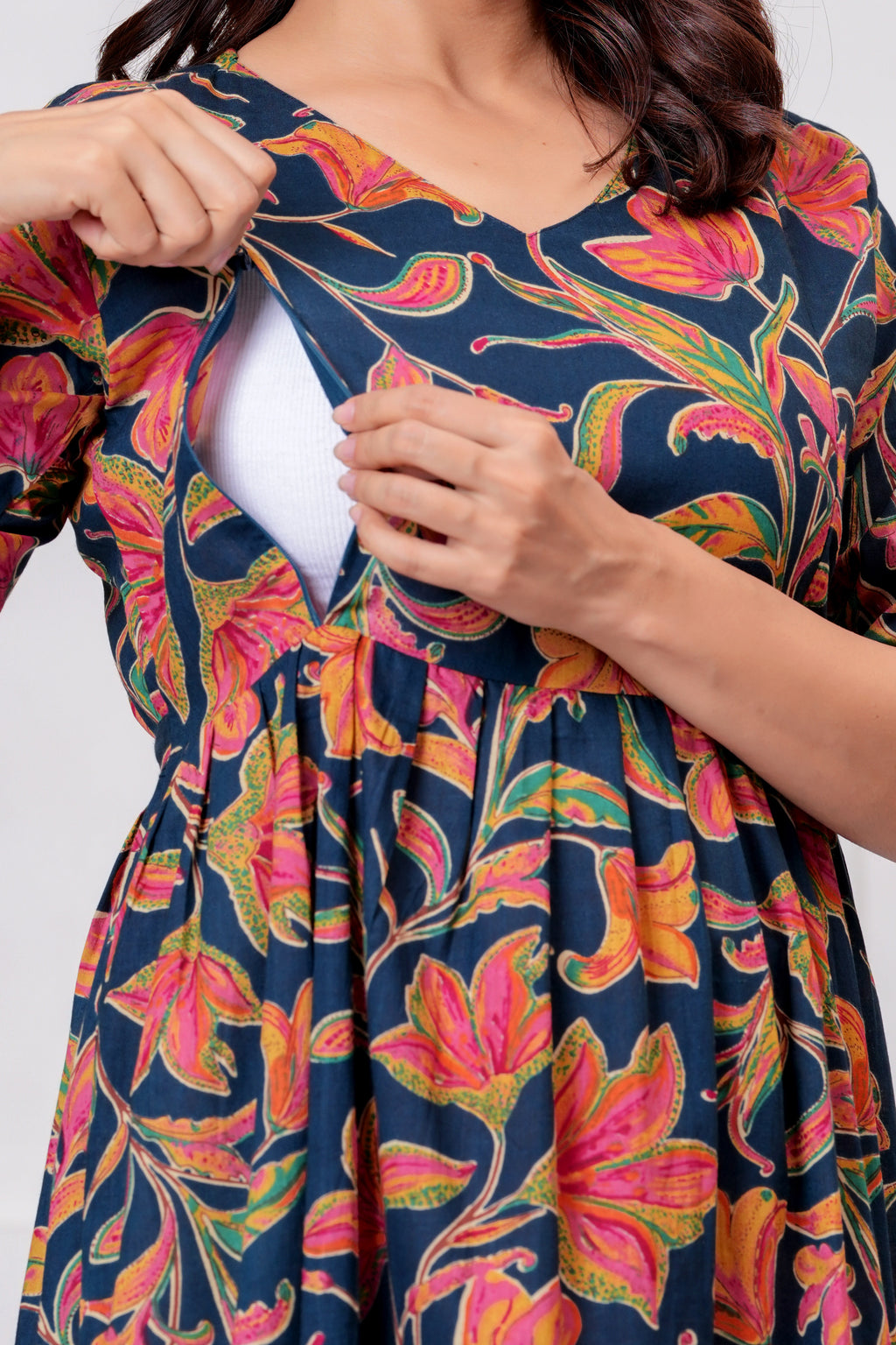 Clothycorp Navy Blue Floral Printed Maternity & Feeding Dress for Women