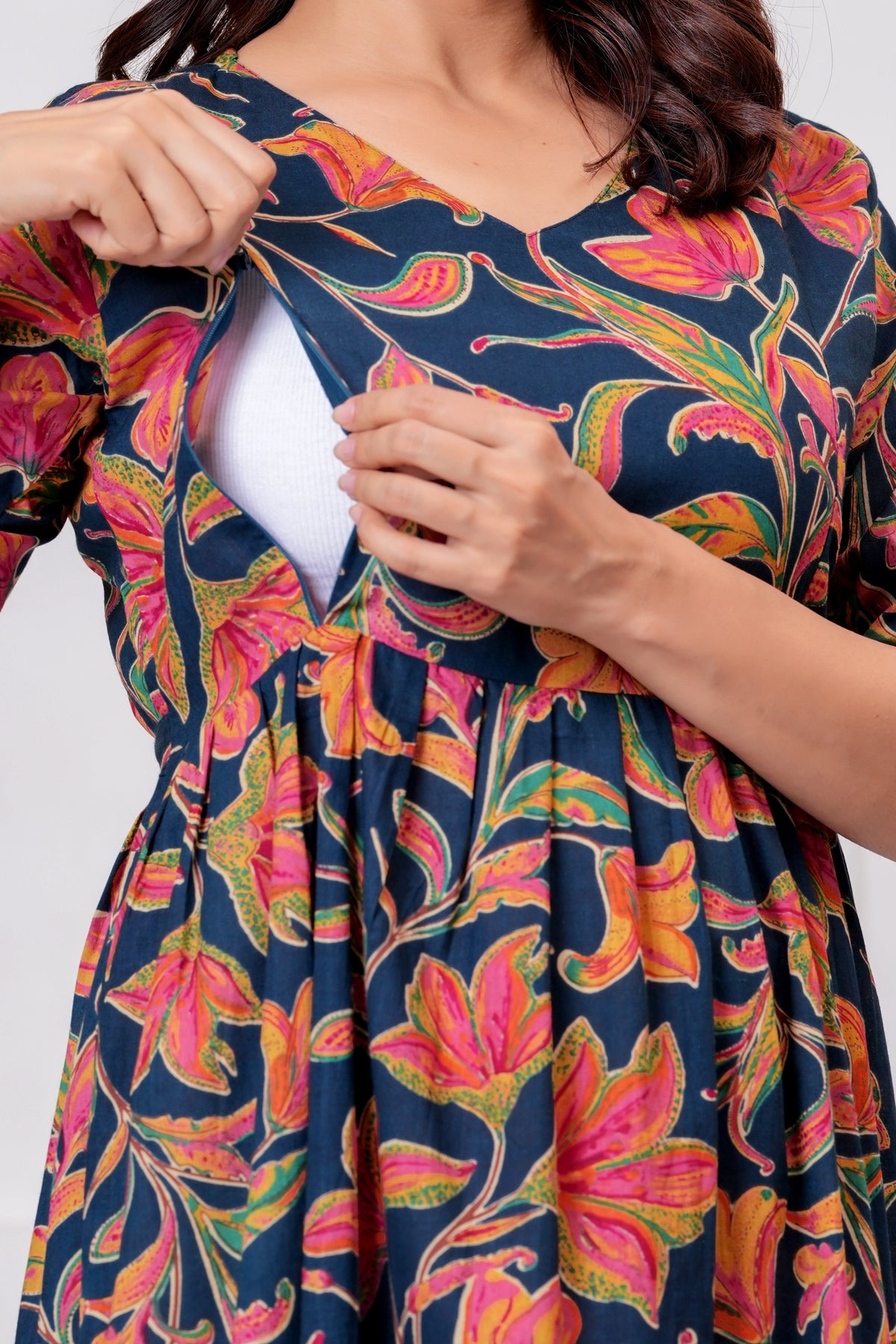 Clothycorp Navy Blue Floral Printed Maternity & Feeding Dress for Women