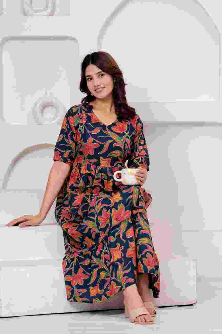 Clothycorp Navy Blue Floral Printed Maternity & Feeding Dress for Women