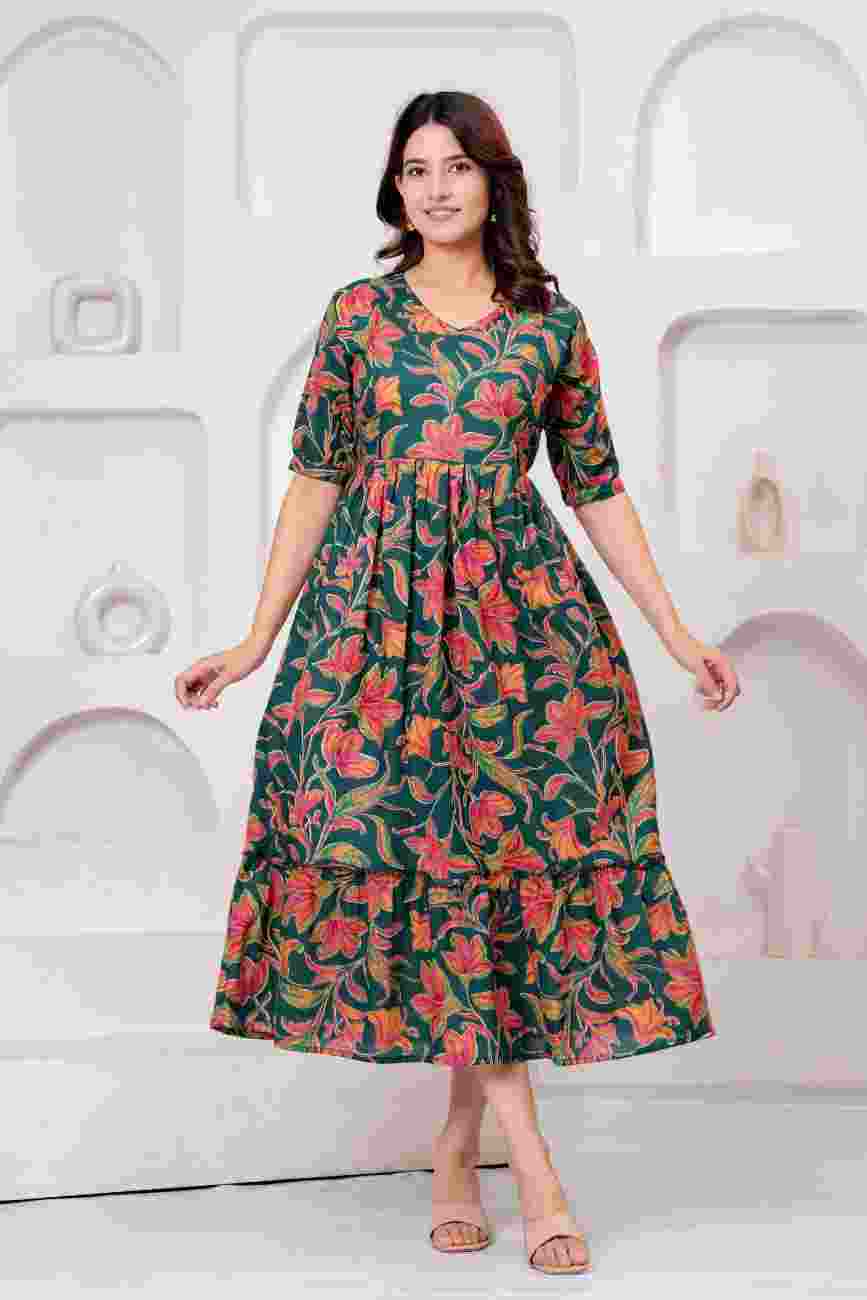 Clothycorp Green Floral Printed Maternity & Feeding Dress for Women