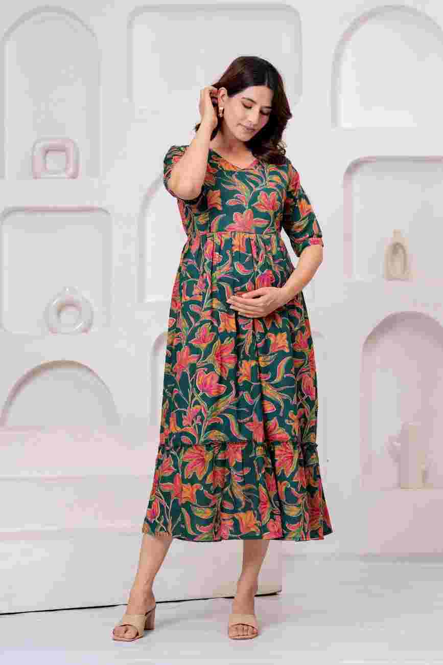 Clothycorp Green Floral Printed Maternity & Feeding Dress for Women