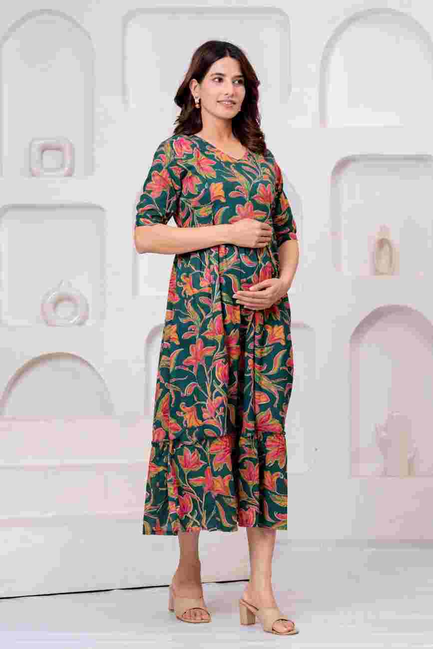 Clothycorp Green Floral Printed Maternity & Feeding Dress for Women