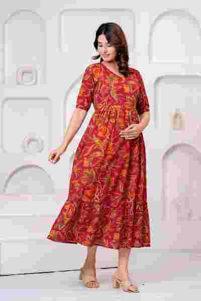 Clothycorp Red Floral Printed Maternity & Feeding Dress for Women