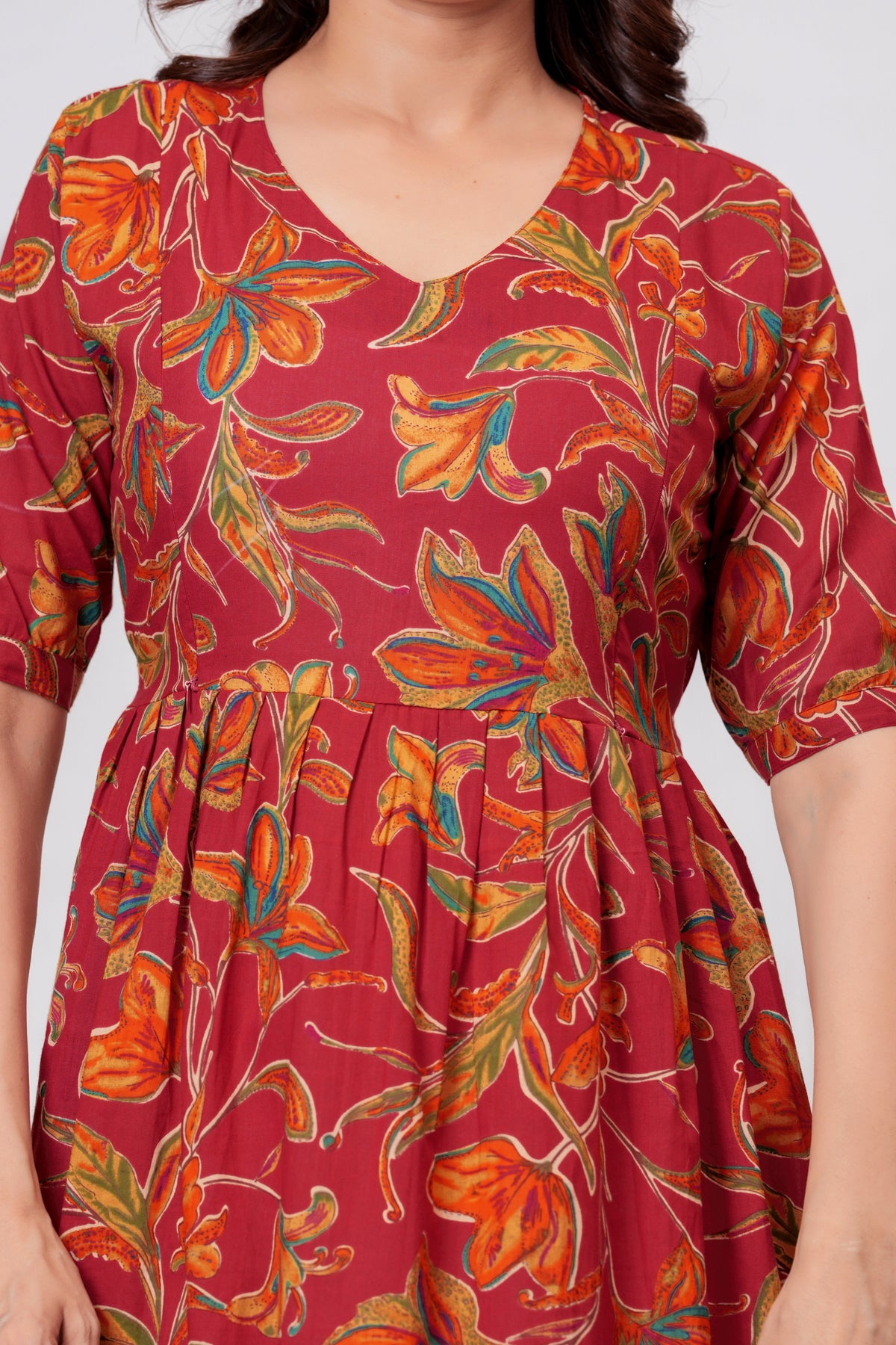 Clothycorp Red Floral Printed Maternity & Feeding Dress for Women