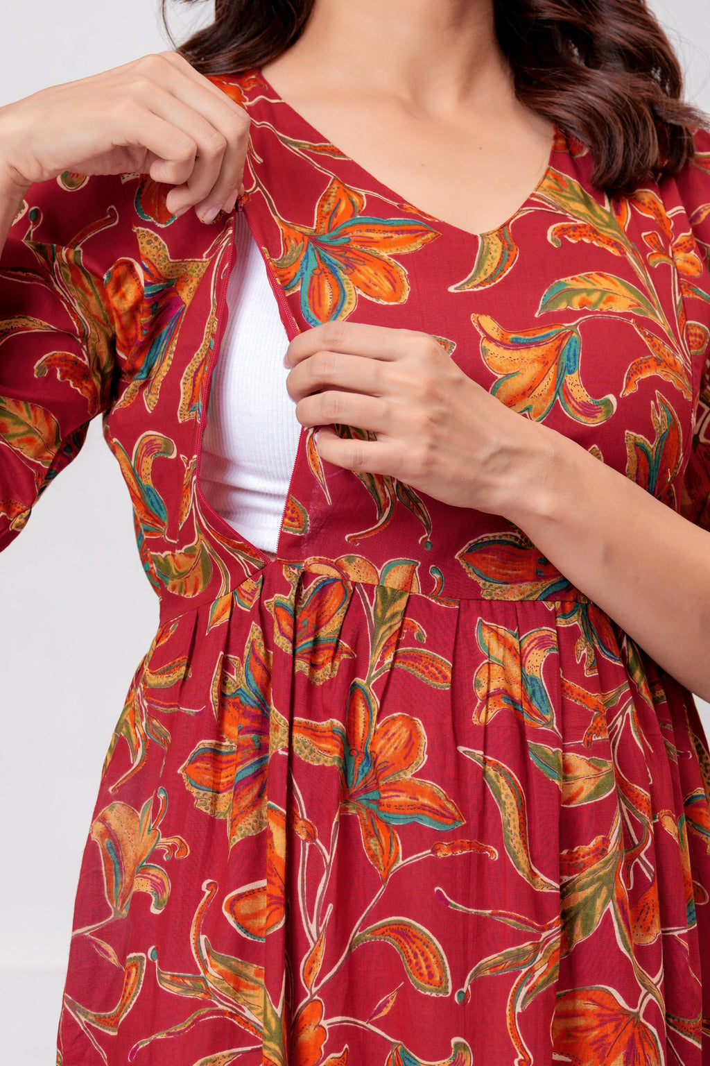 Clothycorp Red Floral Printed Maternity & Feeding Dress for Women