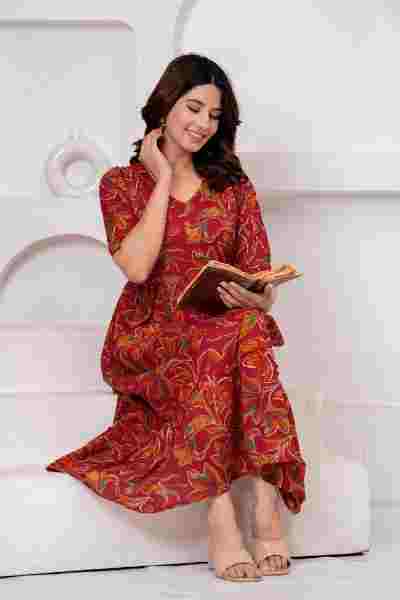 Clothycorp Red Floral Printed Maternity & Feeding Dress for Women