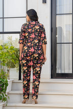 Black Floral Printed Cotton Night Suit Set for Women