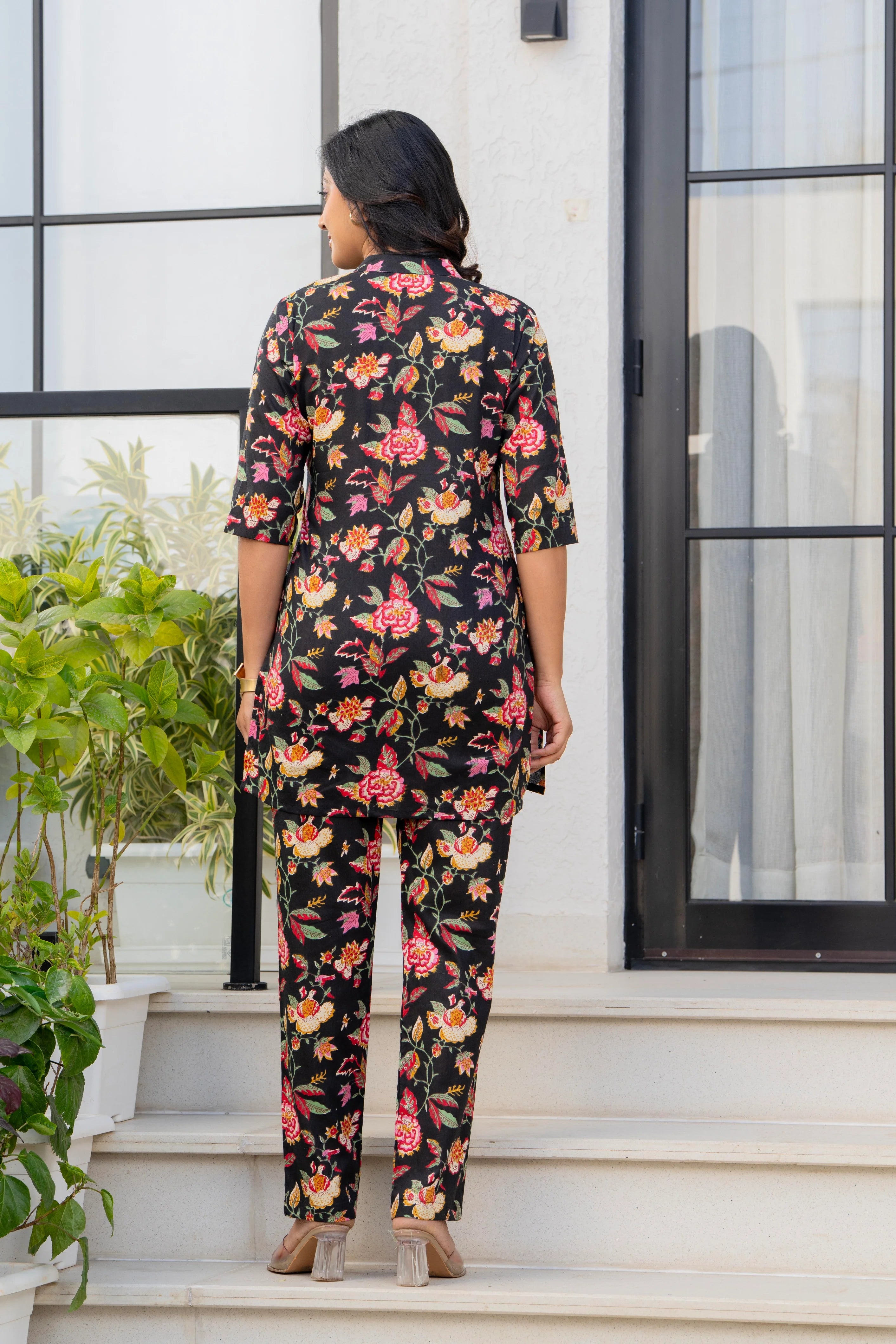 Black Floral Printed Cotton Night Suit Set for Women