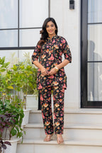 Black Floral Printed Cotton Night Suit Set for Women