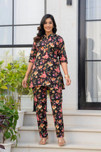Black Floral Printed Cotton Night Suit Set for Women