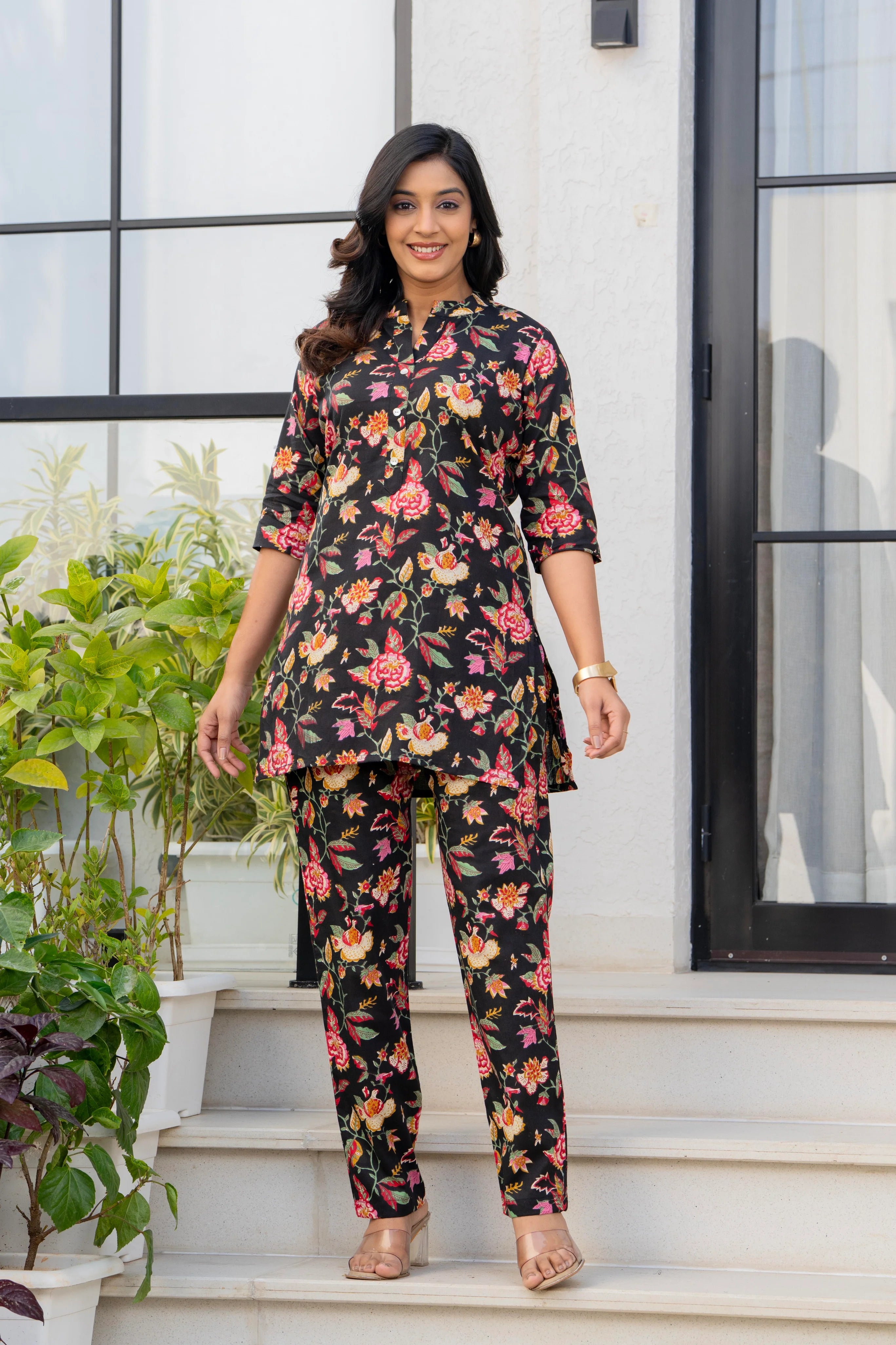Black Floral Printed Cotton Night Suit Set for Women