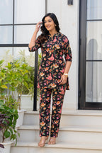 Black Floral Printed Cotton Night Suit Set for Women
