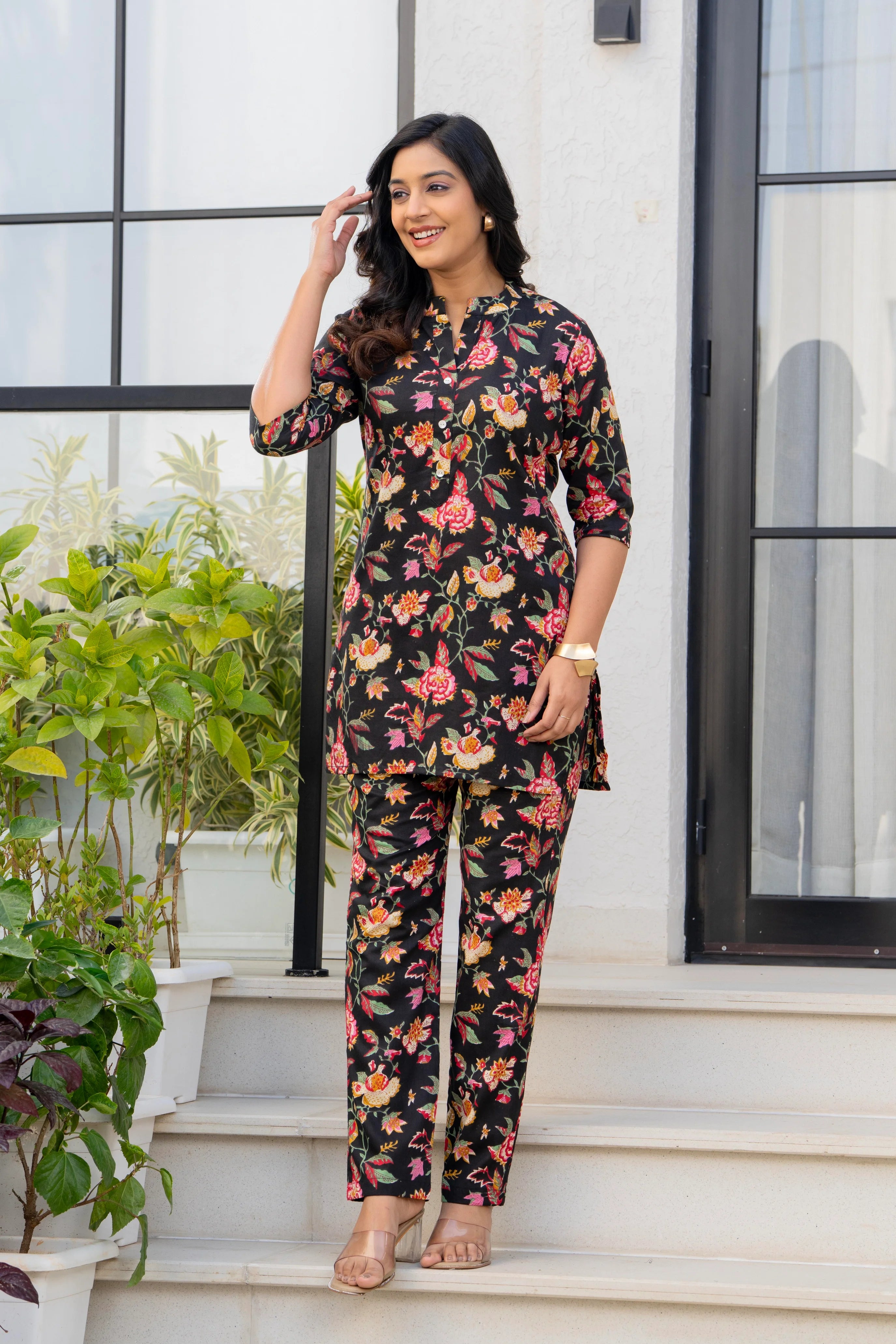 Black Floral Printed Cotton Night Suit Set for Women