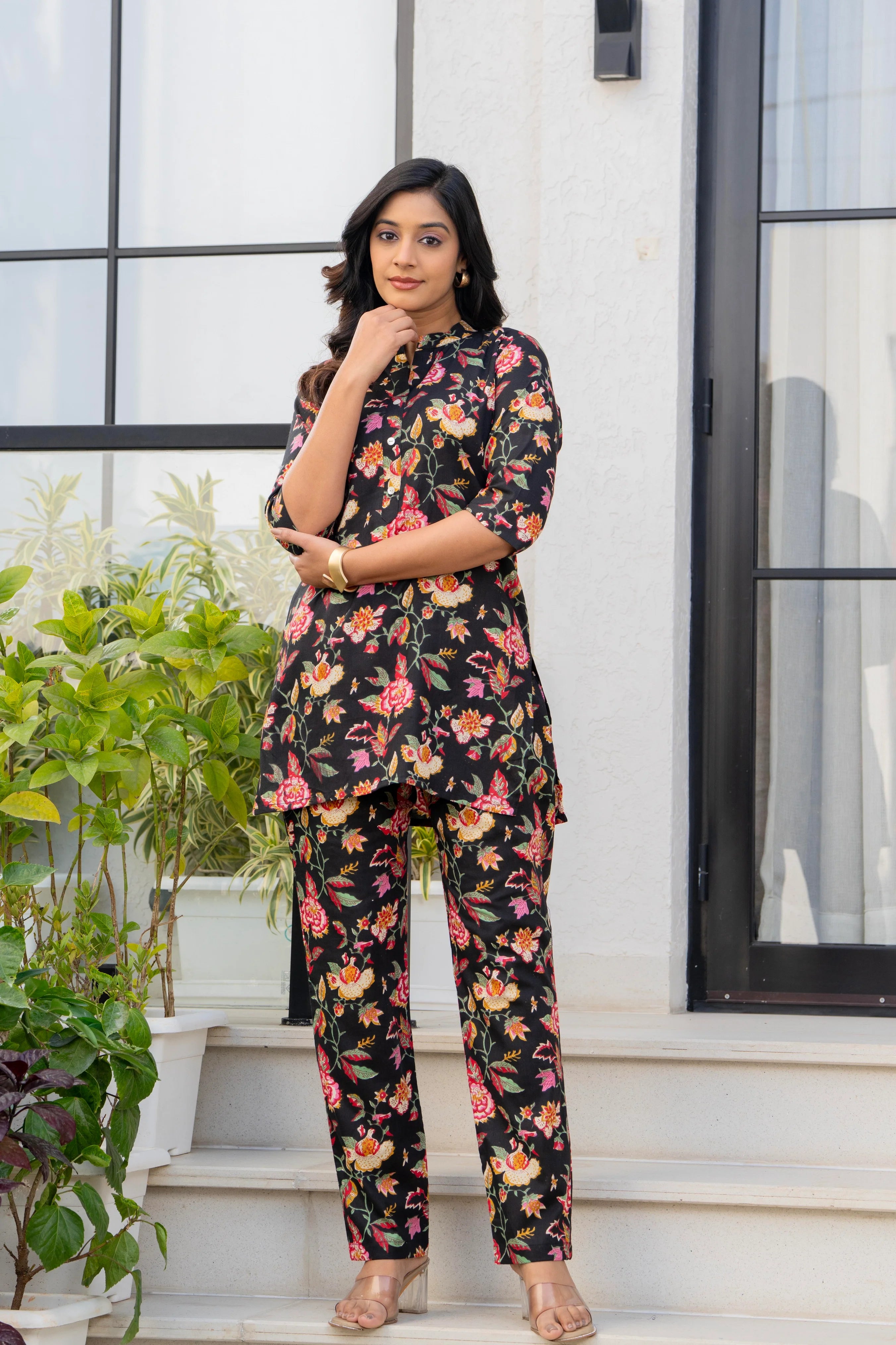 Black Floral Printed Cotton Night Suit Set for Women
