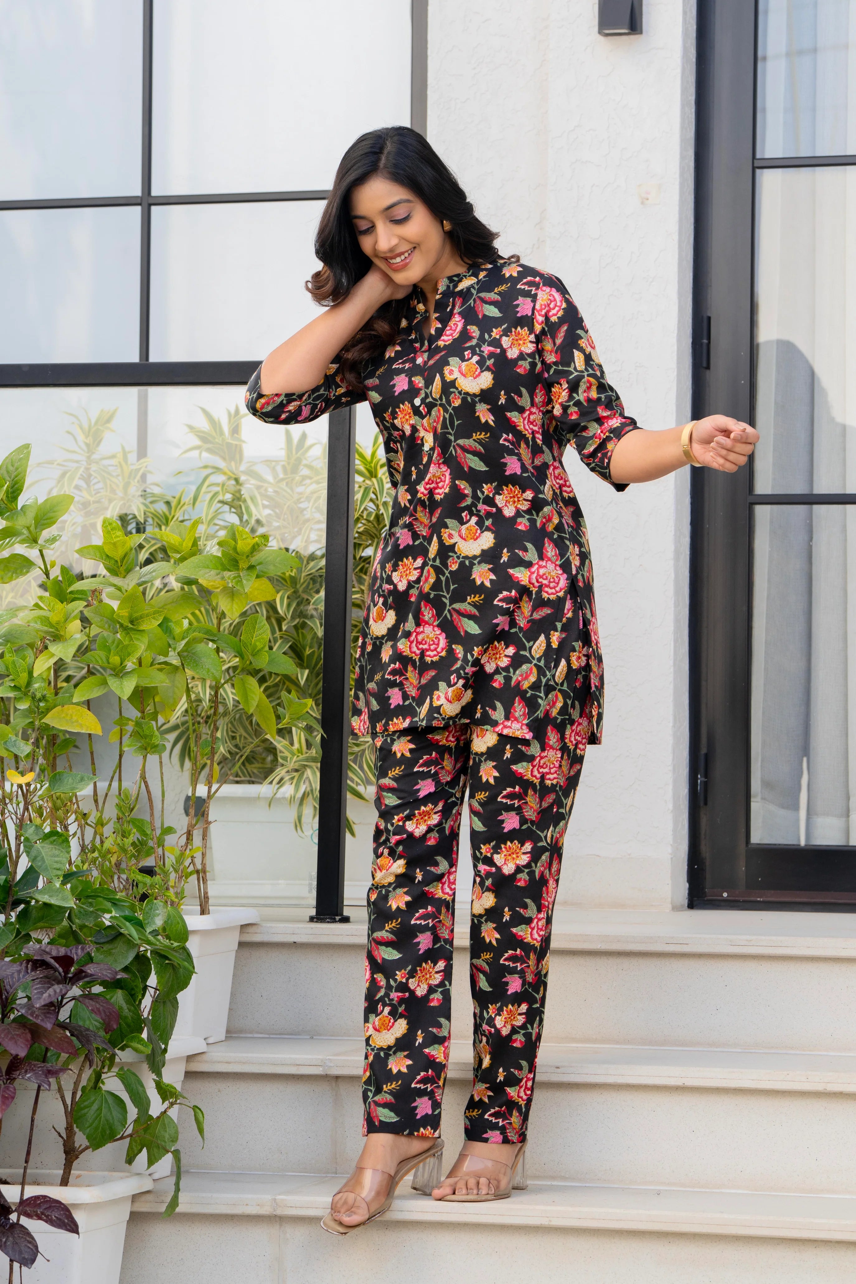 Black Floral Printed Cotton Night Suit Set for Women