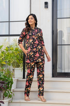 Black Floral Printed Cotton Night Suit Set for Women