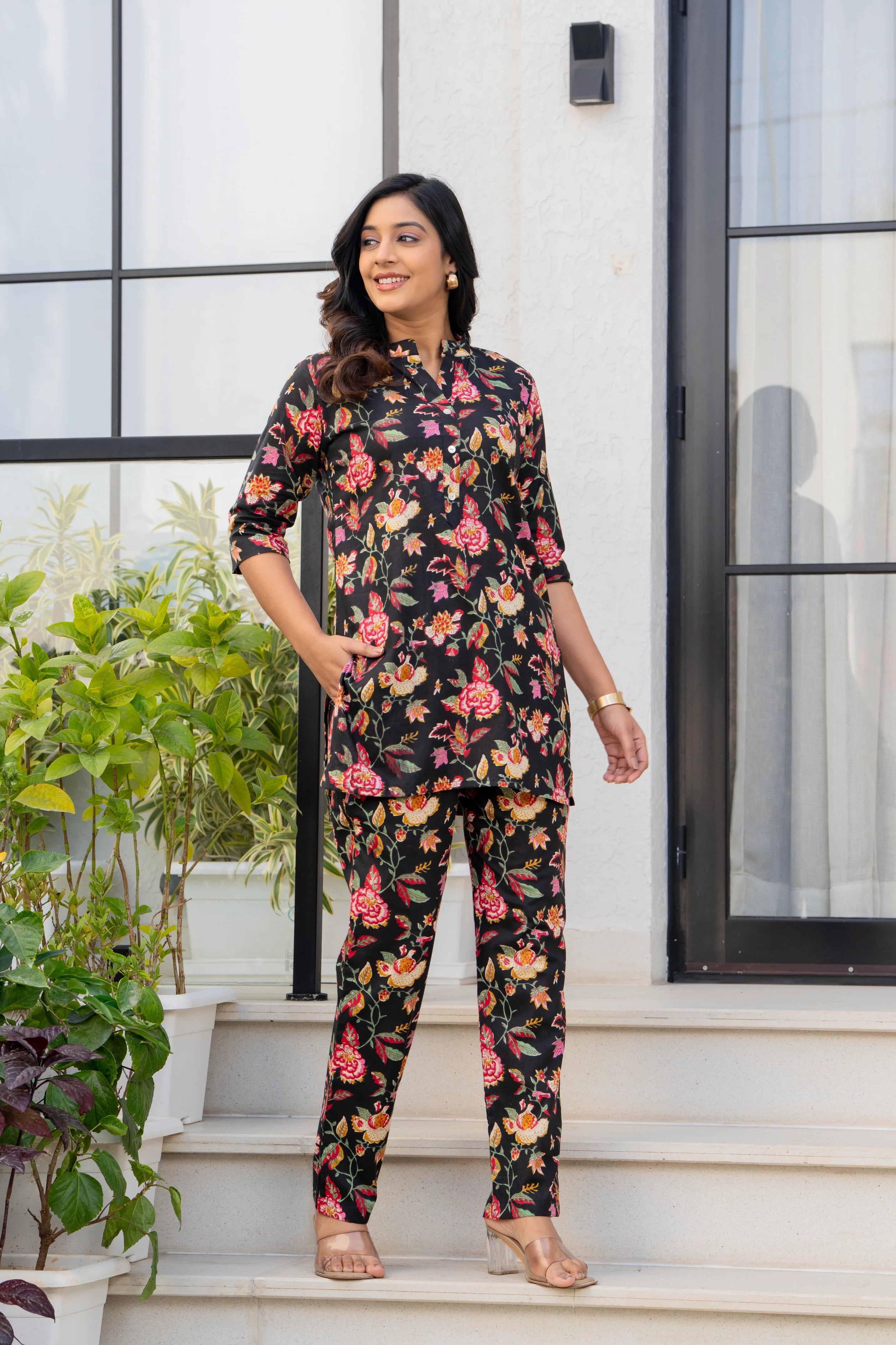 Black Floral Printed Cotton Night Suit Set for Women