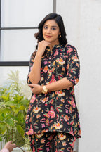 Black Floral Printed Cotton Night Suit Set for Women