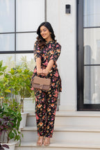 Black Floral Printed Cotton Night Suit Set for Women