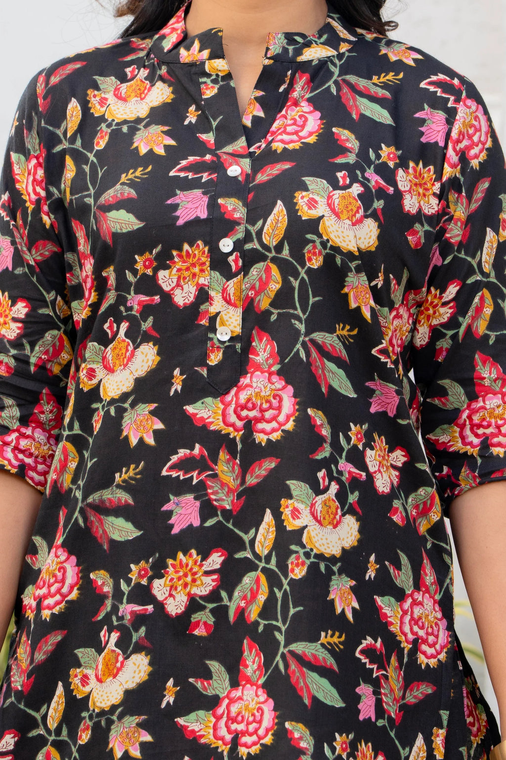 Black Floral Printed Cotton Night Suit Set for Women