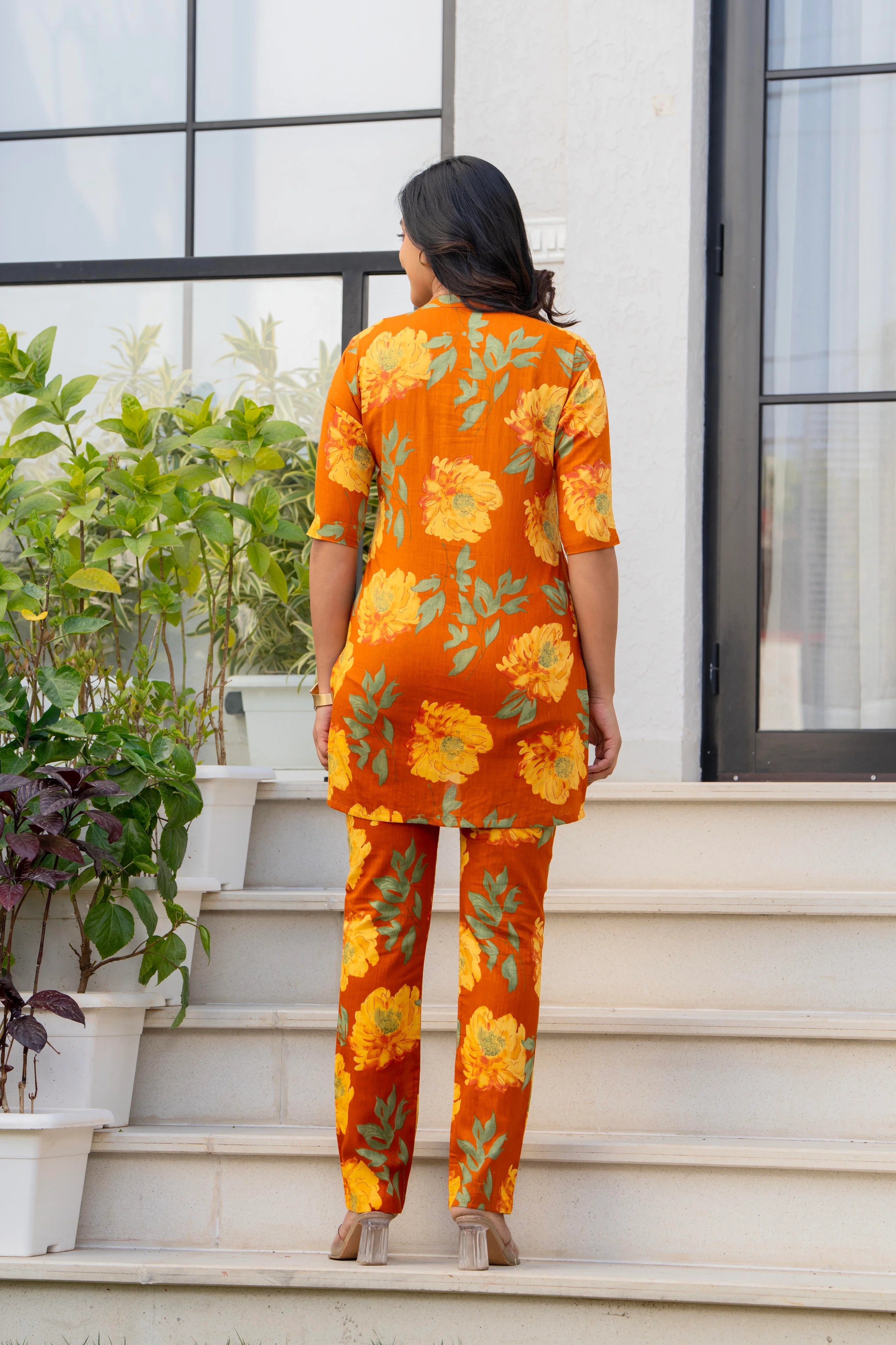 Orange Floral Printed Cotton Night Suit Set for Women