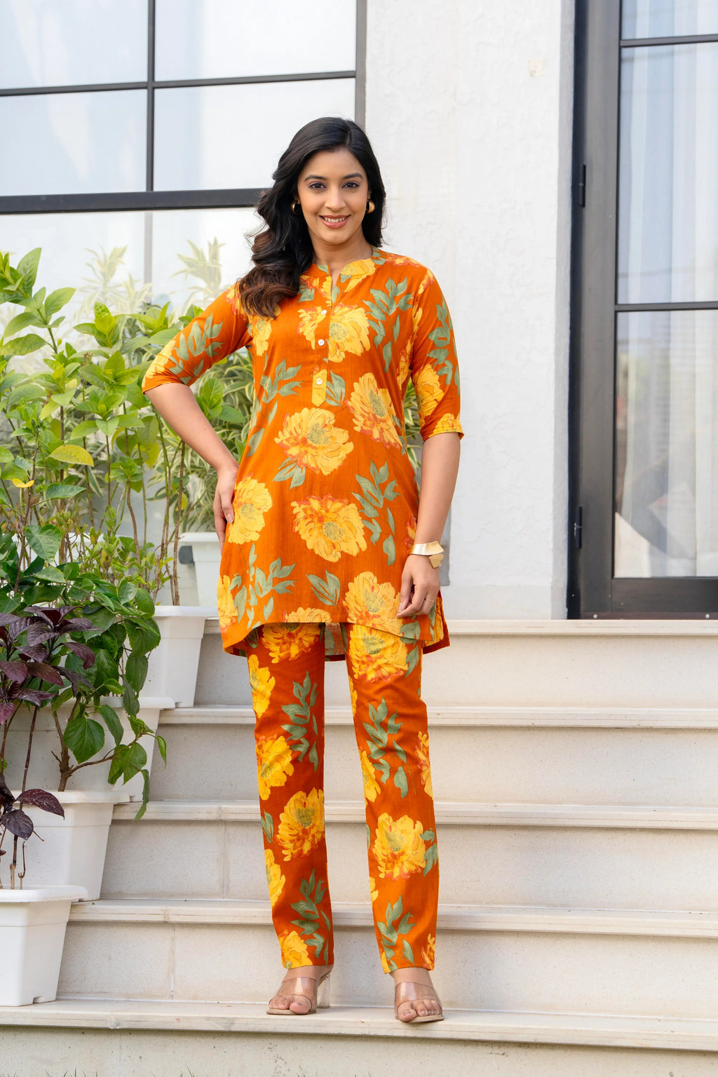 Orange Floral Printed Cotton Co-ord Set Set for Women