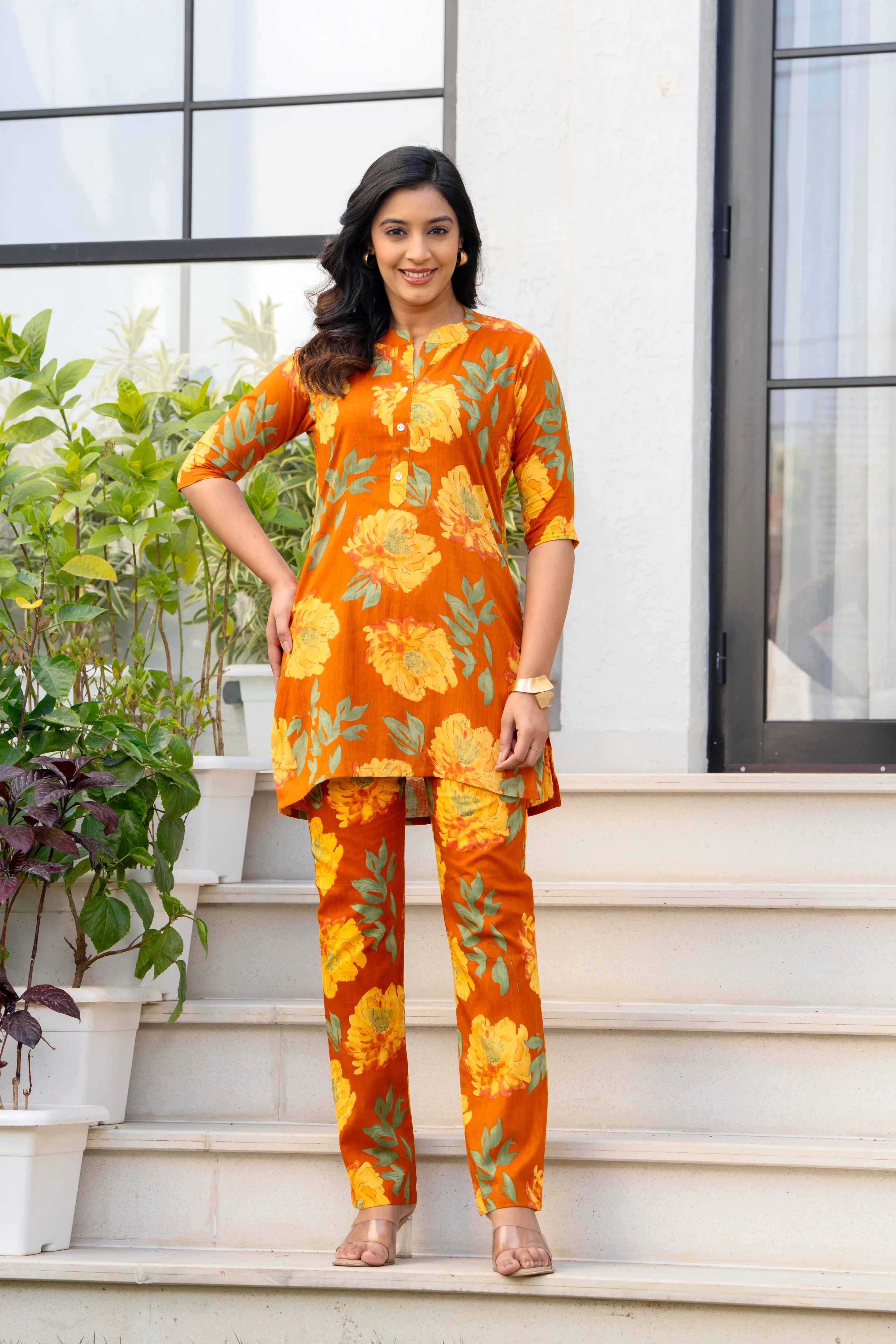 Orange Floral Printed Cotton Night Suit Set for Women