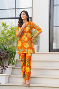 Orange Floral Printed Cotton Co-ord Set Set for Women