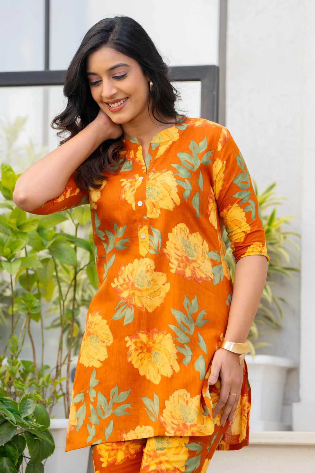 Orange Floral Printed Cotton Co-ord Set Set for Women