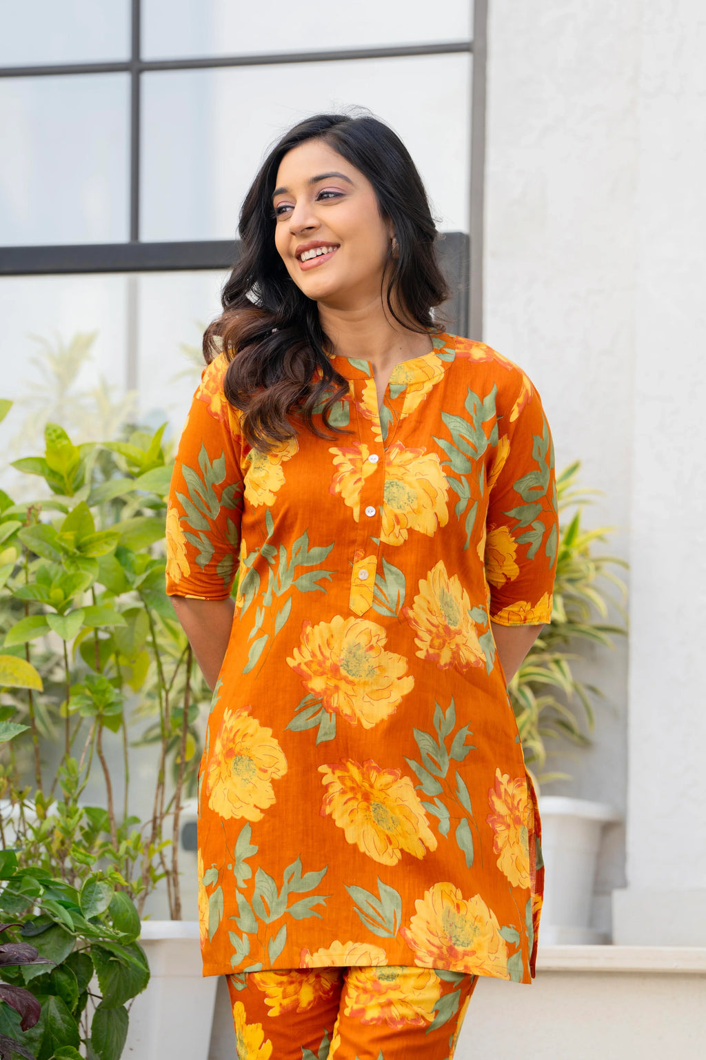 Orange Floral Printed Cotton Co-ord Set Set for Women