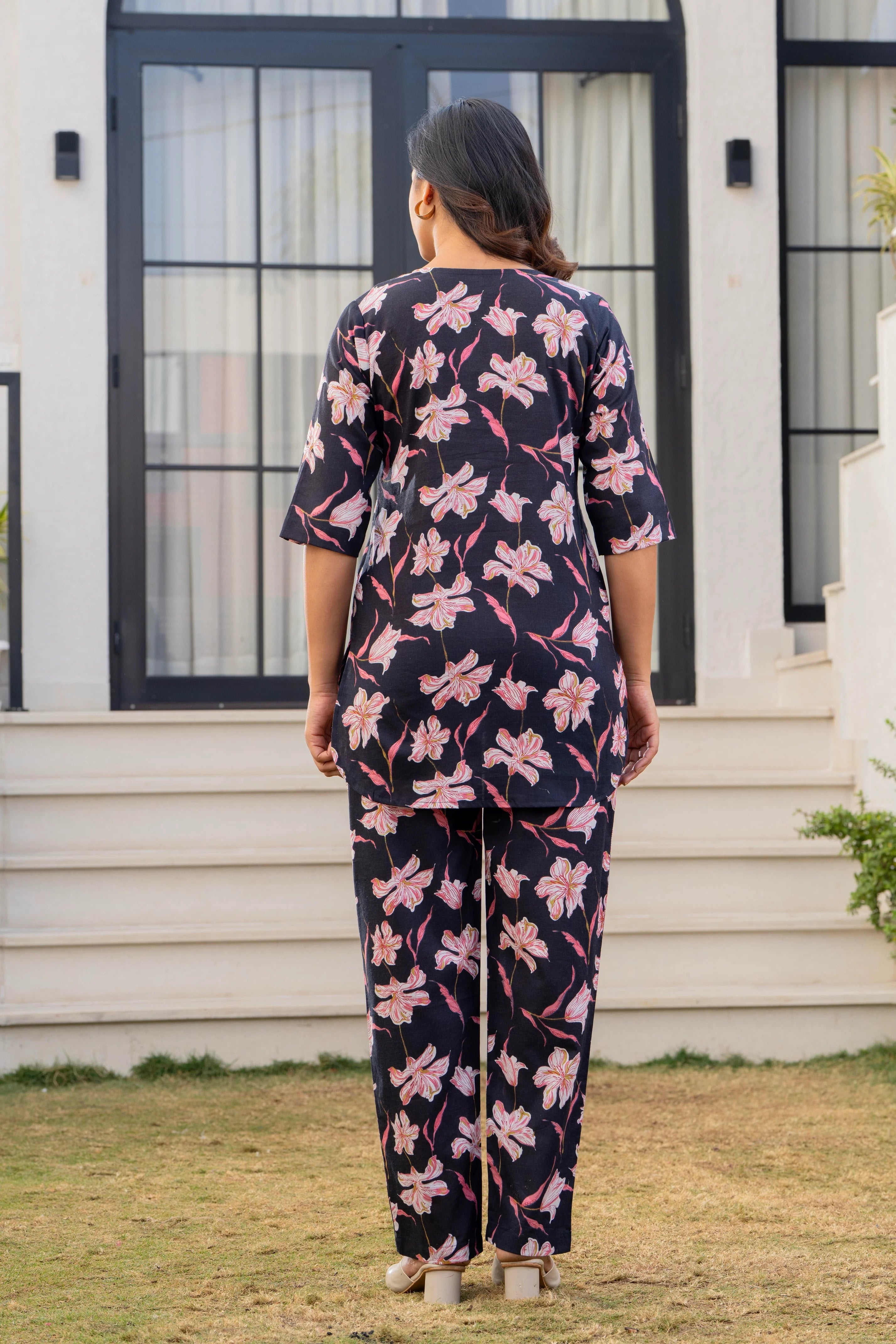 Black Floral Cotton Night Suit for Women – Soft & Breathable Loungewear Set