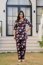 Black Floral Cotton Night Suit for Women – Soft & Breathable Loungewear Set