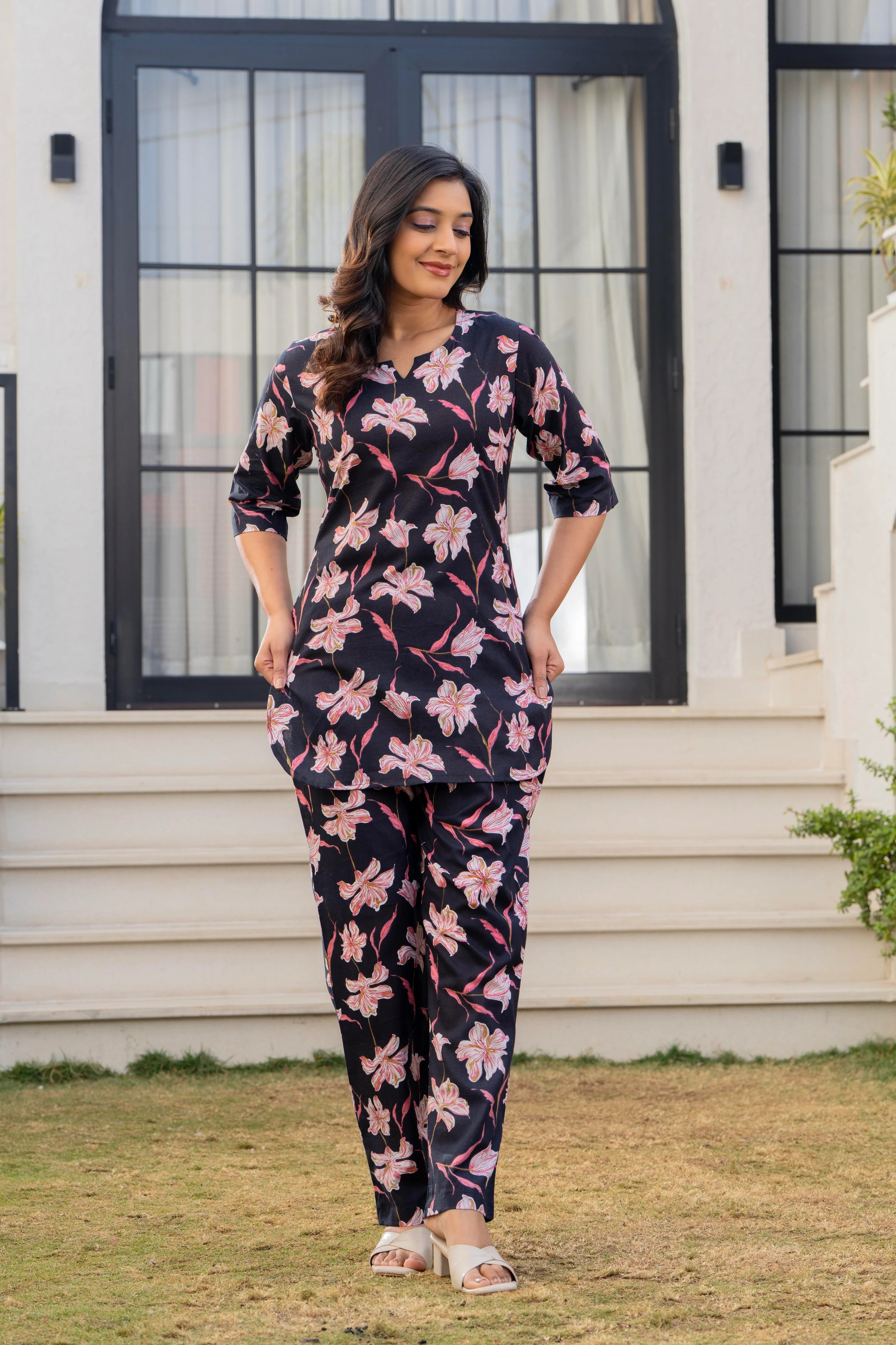 Black Floral Cotton Night Suit for Women – Soft & Breathable Loungewear Set
