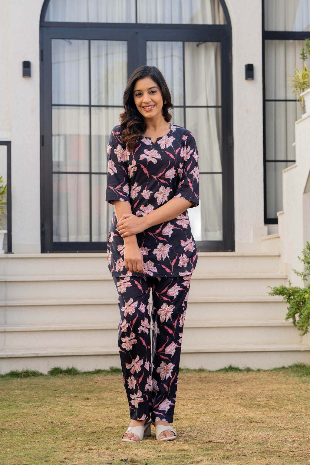 Black Floral Cotton Night Suit for Women – Soft & Breathable Loungewear Set