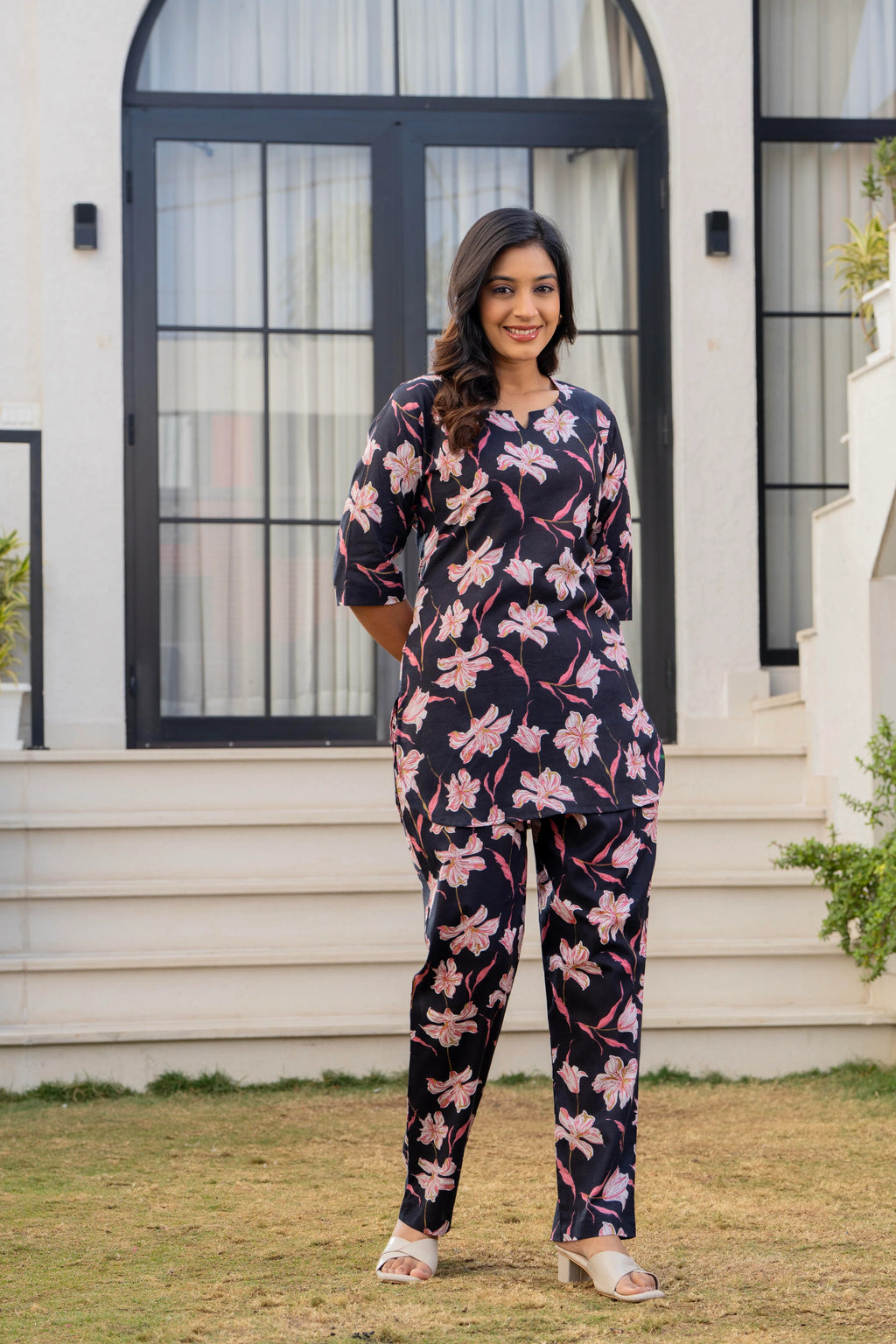 Black Floral Cotton Night Suit for Women – Soft & Breathable Loungewear Set
