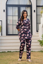 Black Floral Cotton Night Suit for Women – Soft & Breathable Loungewear Set