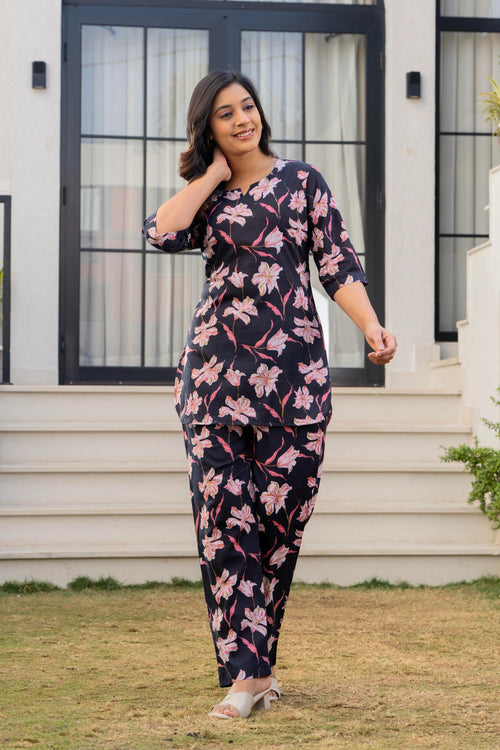 Black Floral Cotton Co-ord Set for Women  Soft & Breathable Loungewear Set