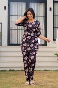 Black Floral Cotton Night Suit for Women – Soft & Breathable Loungewear Set