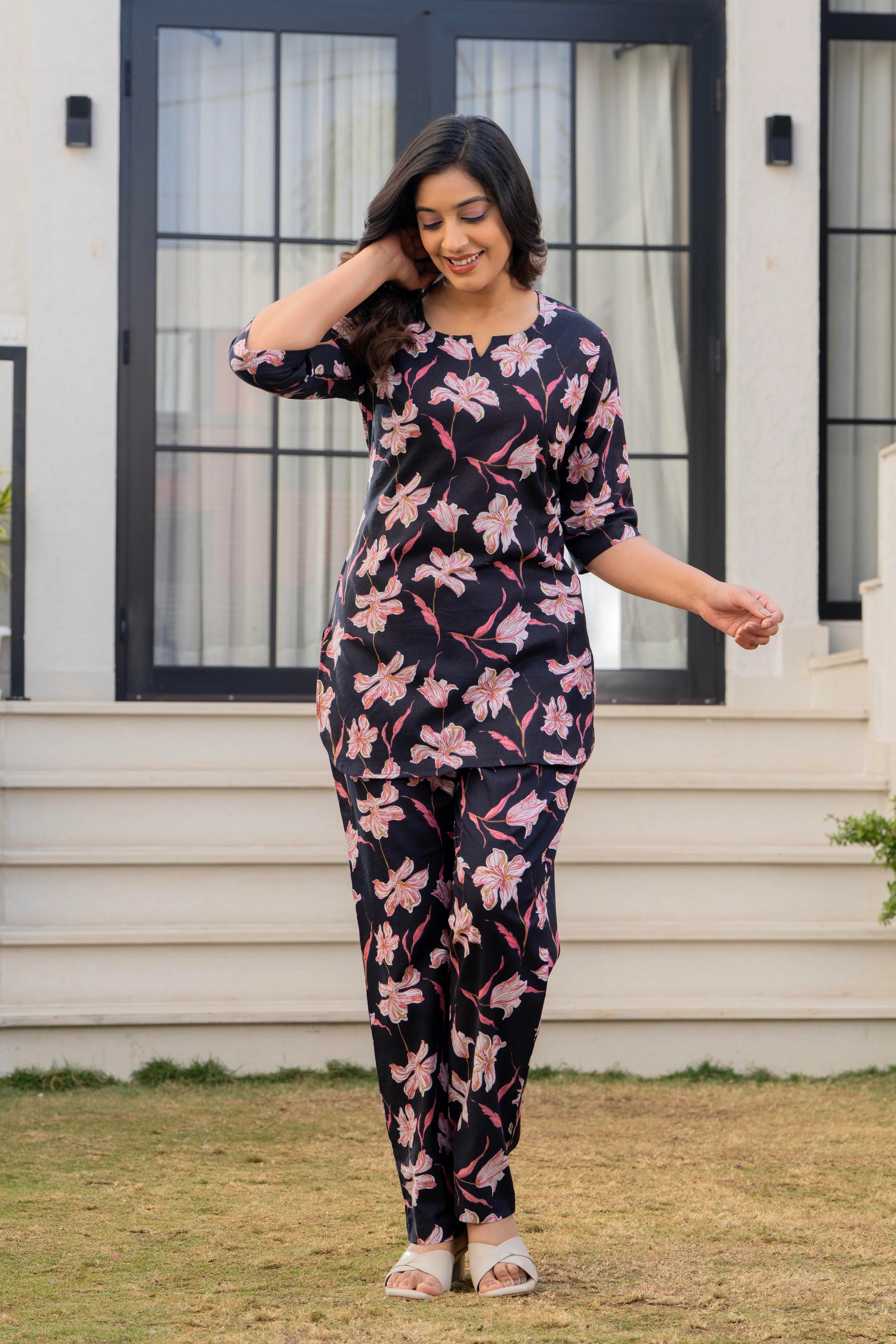Black Floral Cotton Night Suit for Women – Soft & Breathable Loungewear Set