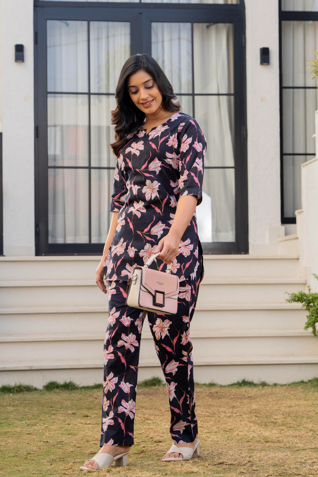 Black Floral Cotton Night Suit for Women – Soft & Breathable Loungewear Set