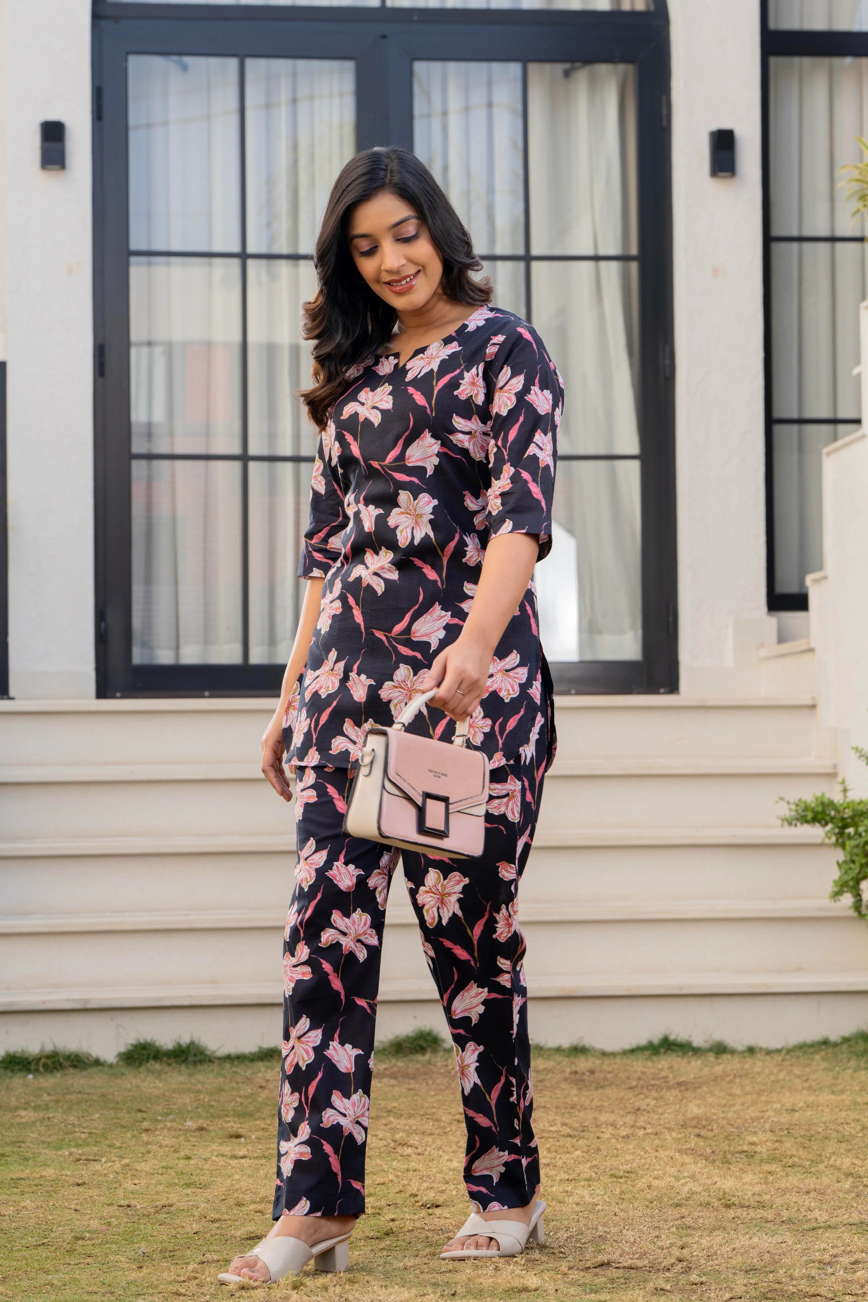 Black Floral Cotton Night Suit for Women – Soft & Breathable Loungewear Set